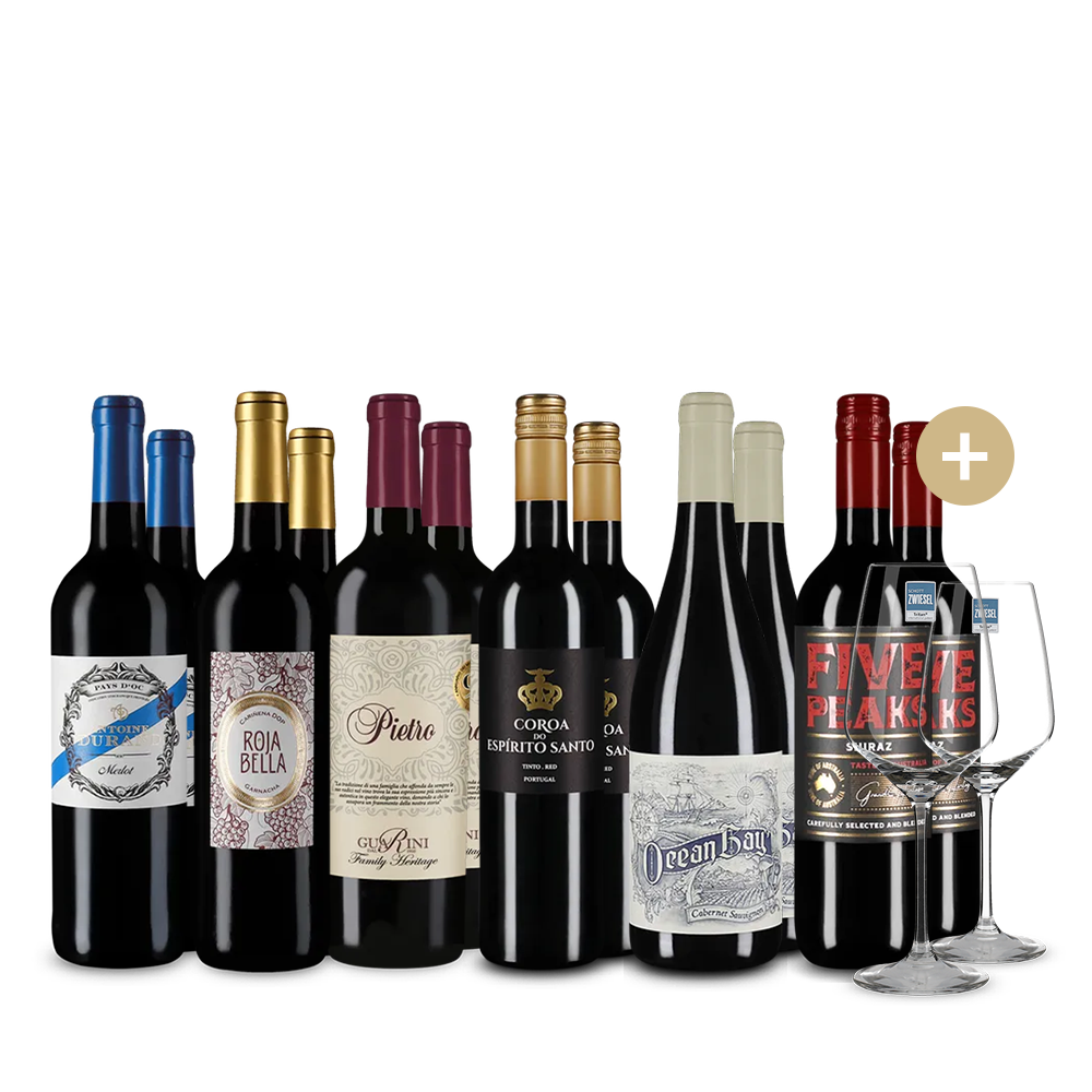 Internationale Rotwein-Stars im 6x2-Paket + 2 Gläser – Gold