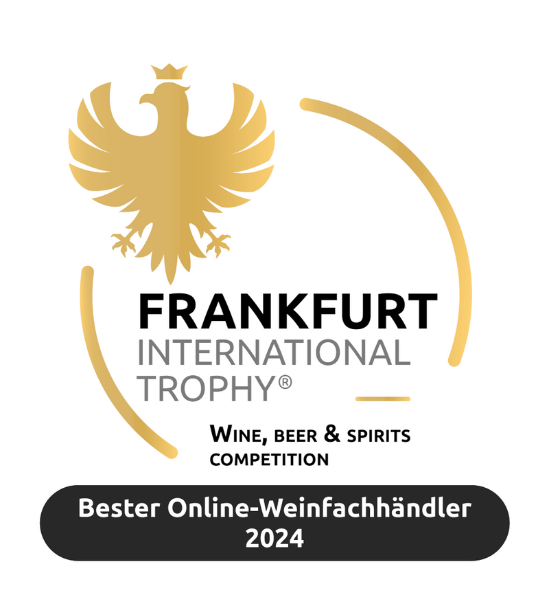 Abzeichen mit goldener Zeichnung und Text "Frankfurt International Trophy, Bester Online-Weinfachhändler 2024".