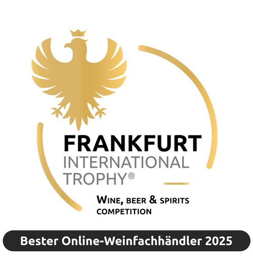 Logo der Frankfurt International Trophy mit goldenem Adler und Text "Bester Online-Weinfachhändler 2025".