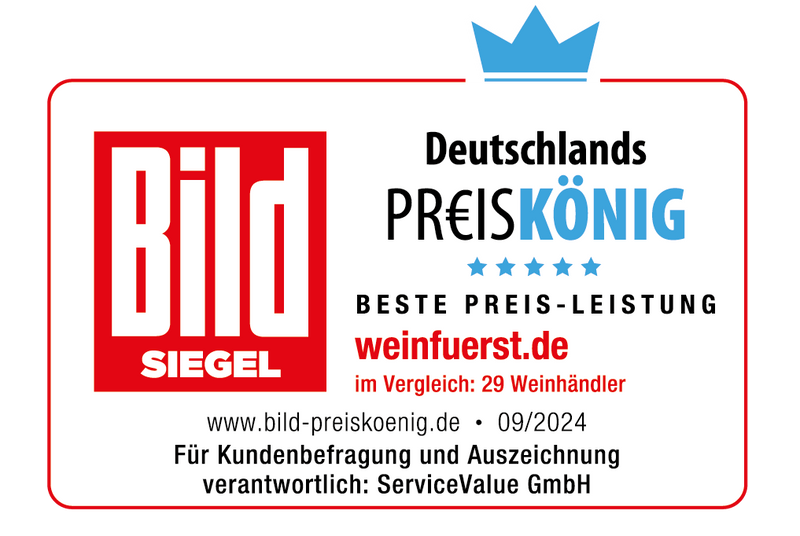 Logo der "Bild" mit der Aufschrift "Deutschlands Preiskönig" und "weinfuerst.de" als bester Preis-Leistungssieger.