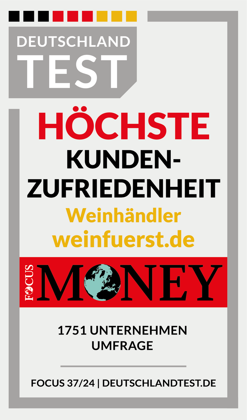 Plakat mit "Höchste Kundenzufriedenheit" für Weinhändler, ausgezeichnet von Deutschland Test und Focus Money.