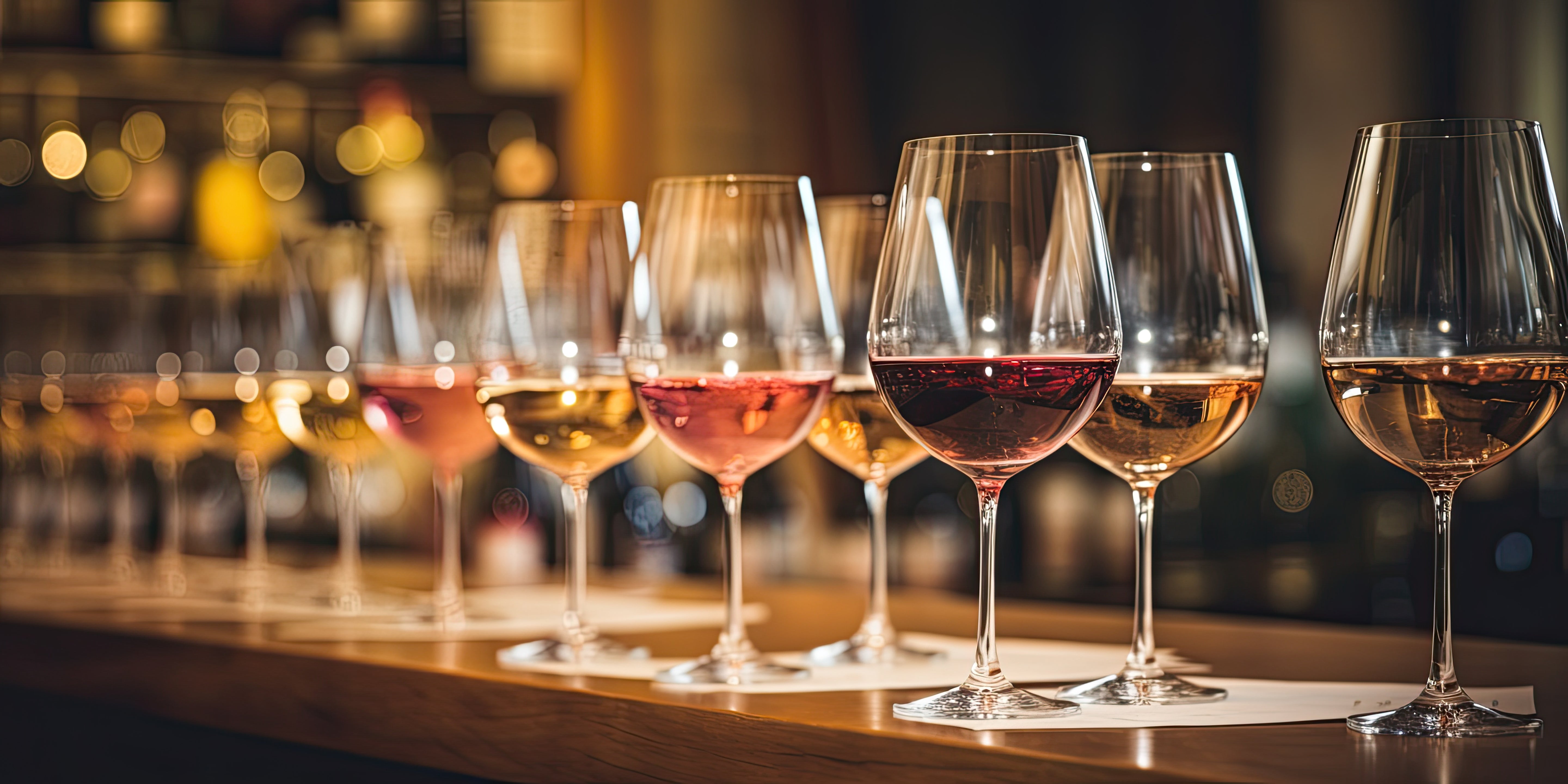 Eine Reihe edler Weingläser mit verschiedenfarbigen Weinen steht aufgereiht auf einer stilvollen Theke, stimmungsvoll beleuchtet in einer eleganten Bar- oder Verkostungsumgebung.