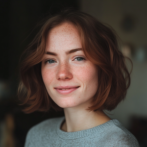 Eine Frau mit Sommersprossen und rotem Haar lächelt leicht und trägt einen grauen Pullover, im Hintergrund unscharf.