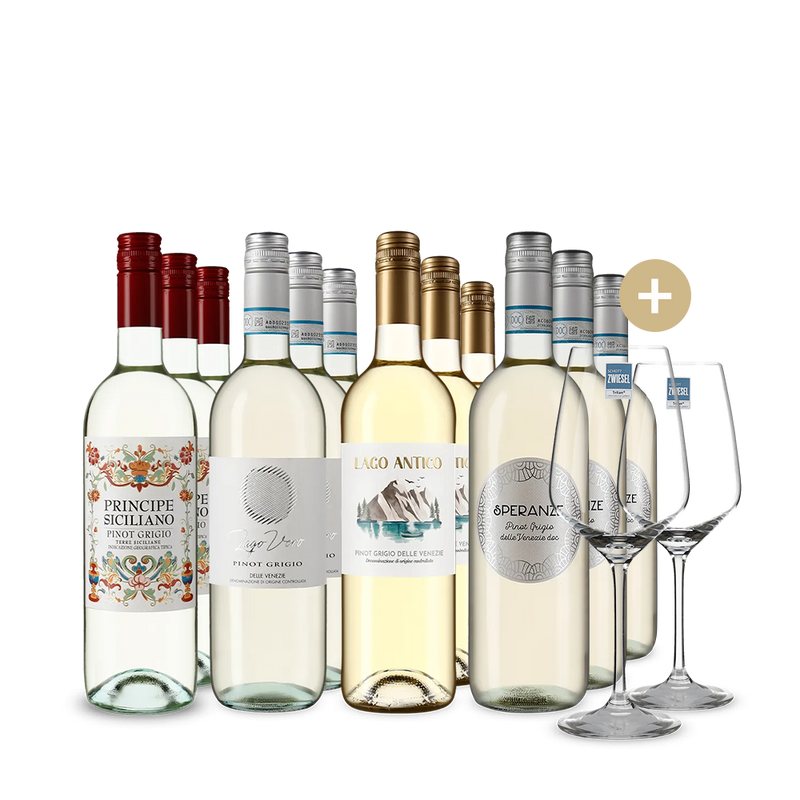 Pinot Grigio: Unsere Hits 4x3 Flaschen + 2 Gläser – Gold