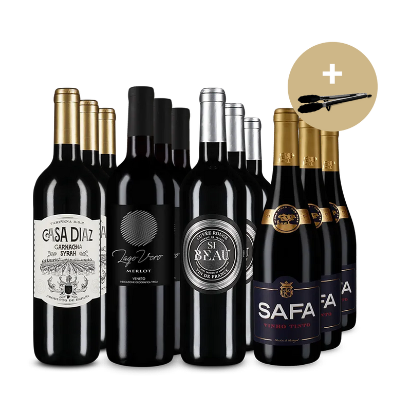 Südeuropäische Rotwein-Reise im 4x3-Vorteilspaket + Küchenzange – Gold