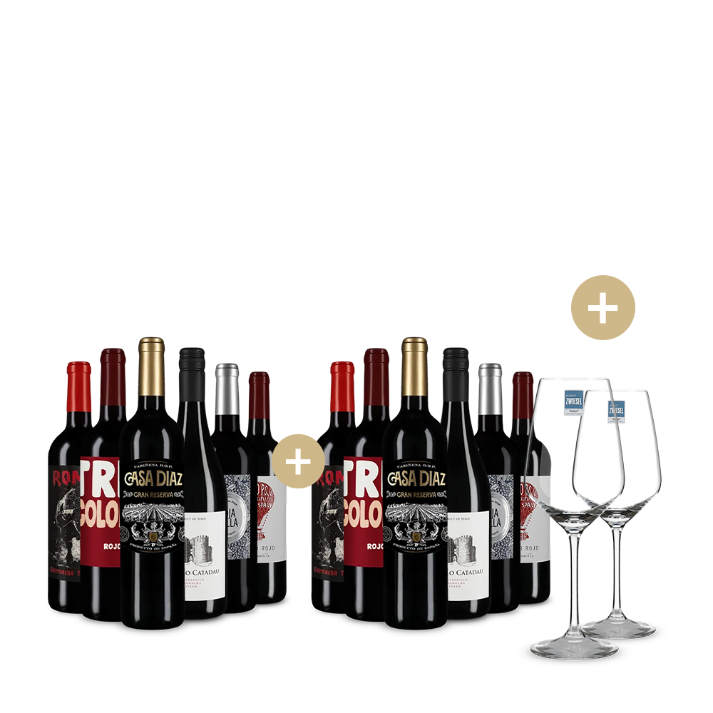 6+6 Flaschen: Spanische Rotwein-Hits + 2 Weingläser – Gold