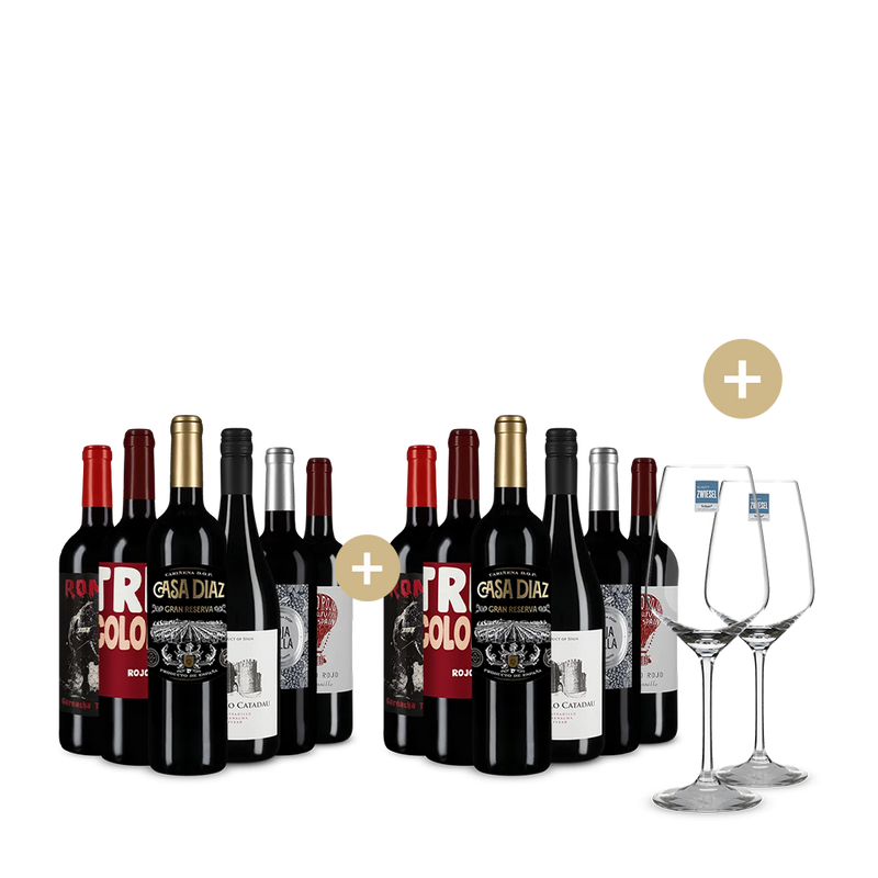 6+6 Flaschen: Spanische Rotwein-Hits + 2 Weingläser – Gold