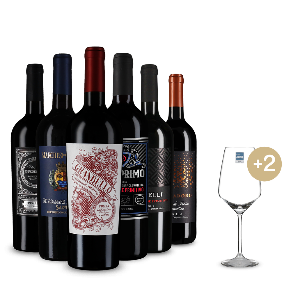 Primitivo-Hits + 2 Weingläser im 6er-Paket
