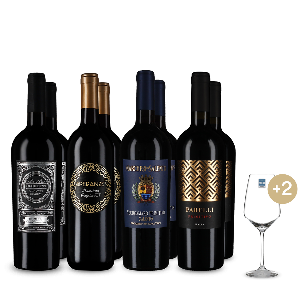 Primitivo-Stars und 2 Weingläser im 4x2-Paket