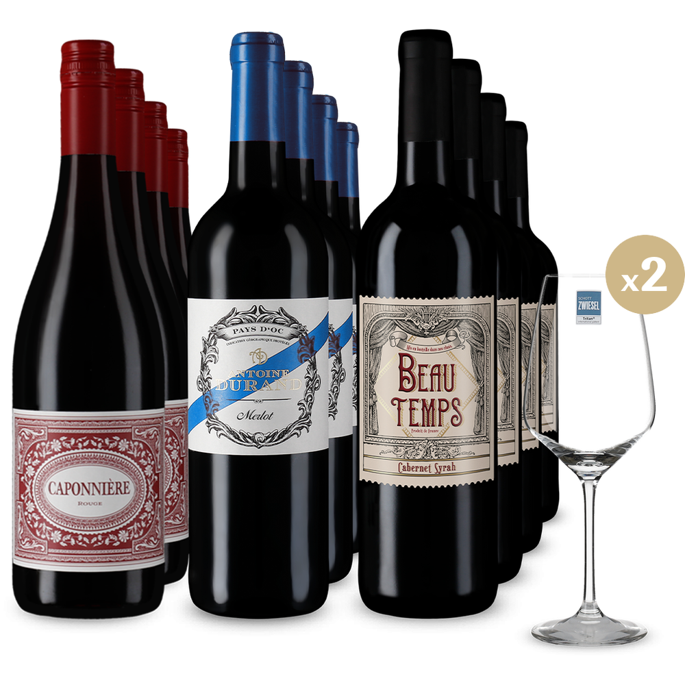 Französische Rotwein-Stars im 3x4-Paket + 2 Gläser