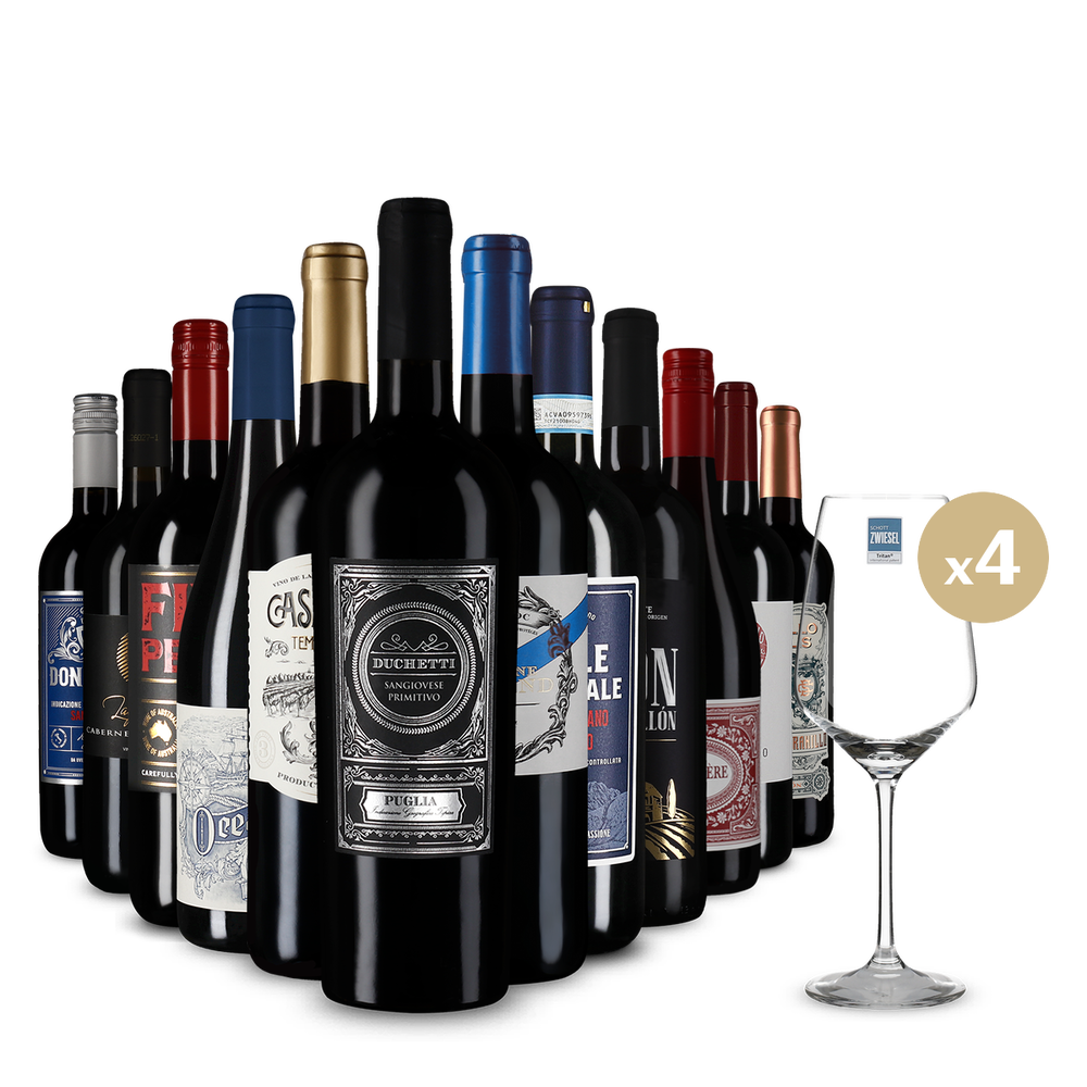 Rotwein XXL: Internationale Stars im 12er-Paket + 4 Weingläser