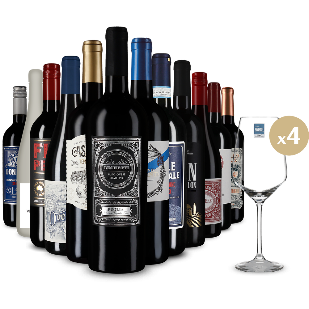 Rotwein XXL: Internationale Stars im 12er-Paket + 4 Weingläser
