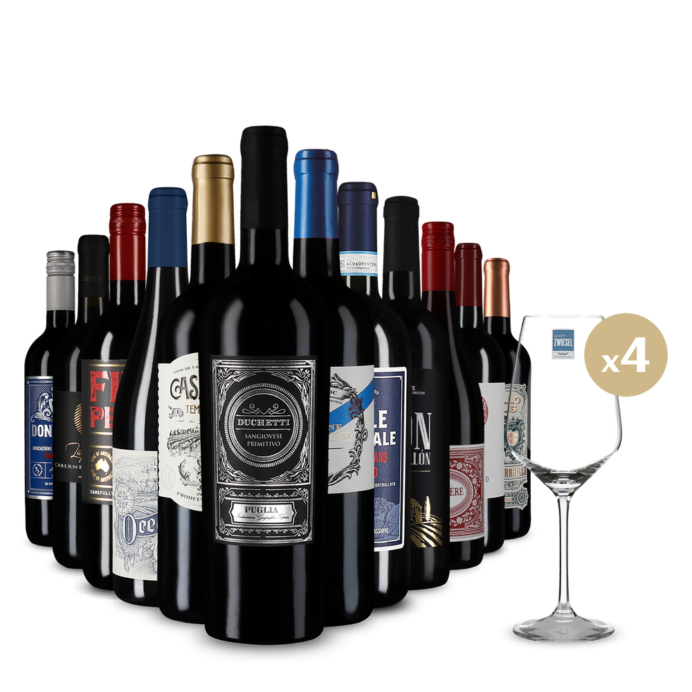 Rotwein XXL: Internationale Stars im 12er-Paket + 4 Weingläser