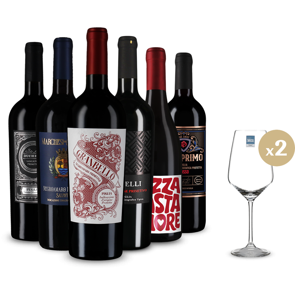 Primitivo & mehr: Rotwein-Hits im 6er-Paket + 2 Weingläser