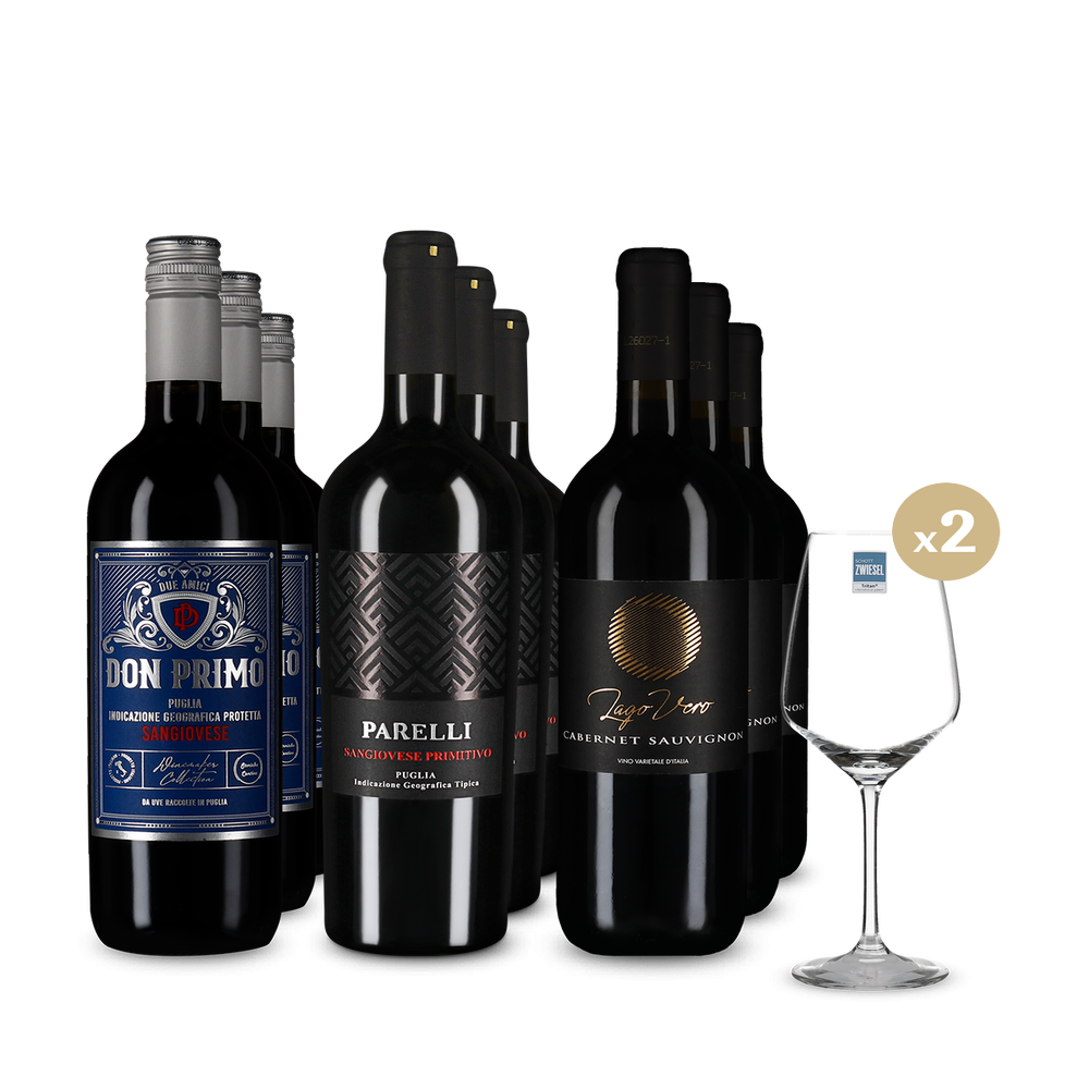 Italienische Rotwein-Stars im 3x3-Paket + 2 Weingläser