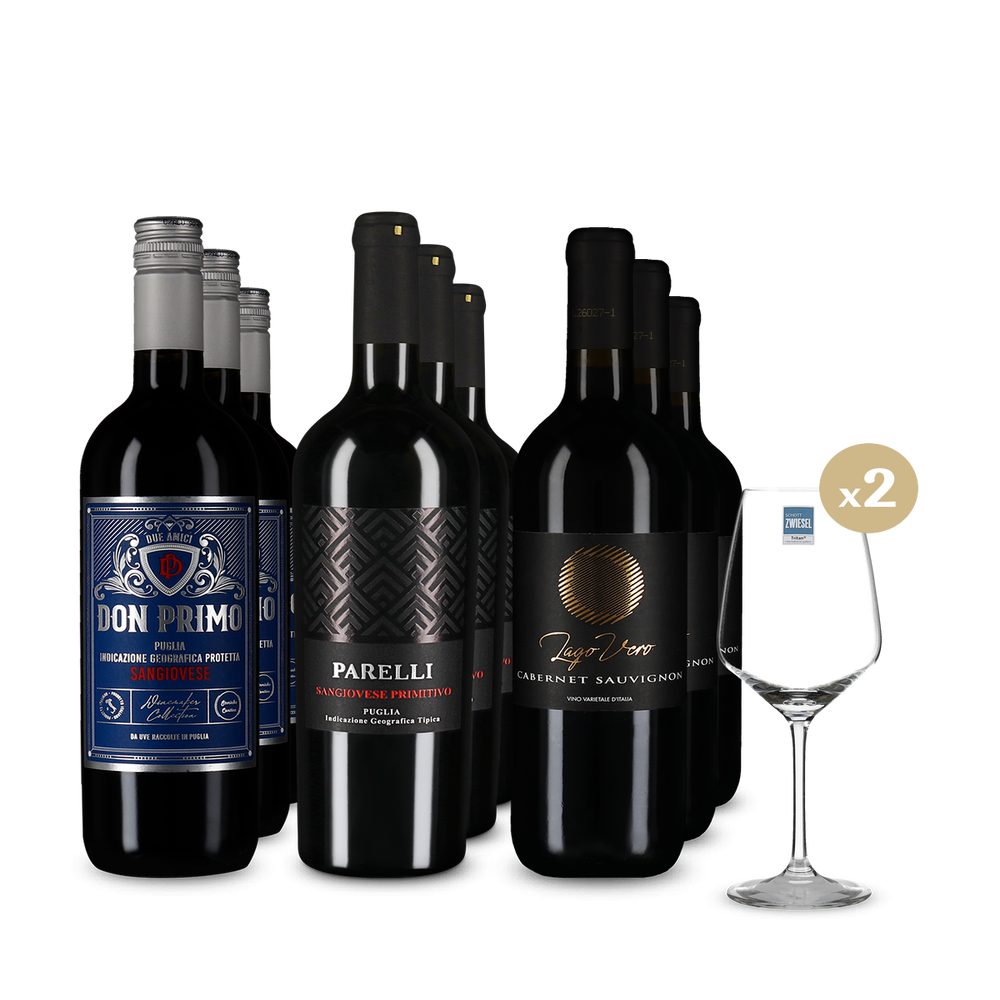 Italienische Rotwein-Stars im 3x3-Paket + 2 Weingläser