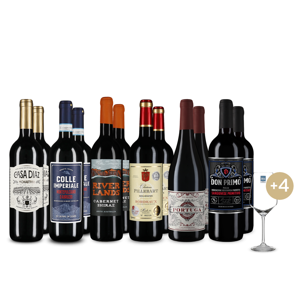 Internationale Rotwein-Stars im 6x2-Paket + 4 Weingläser
