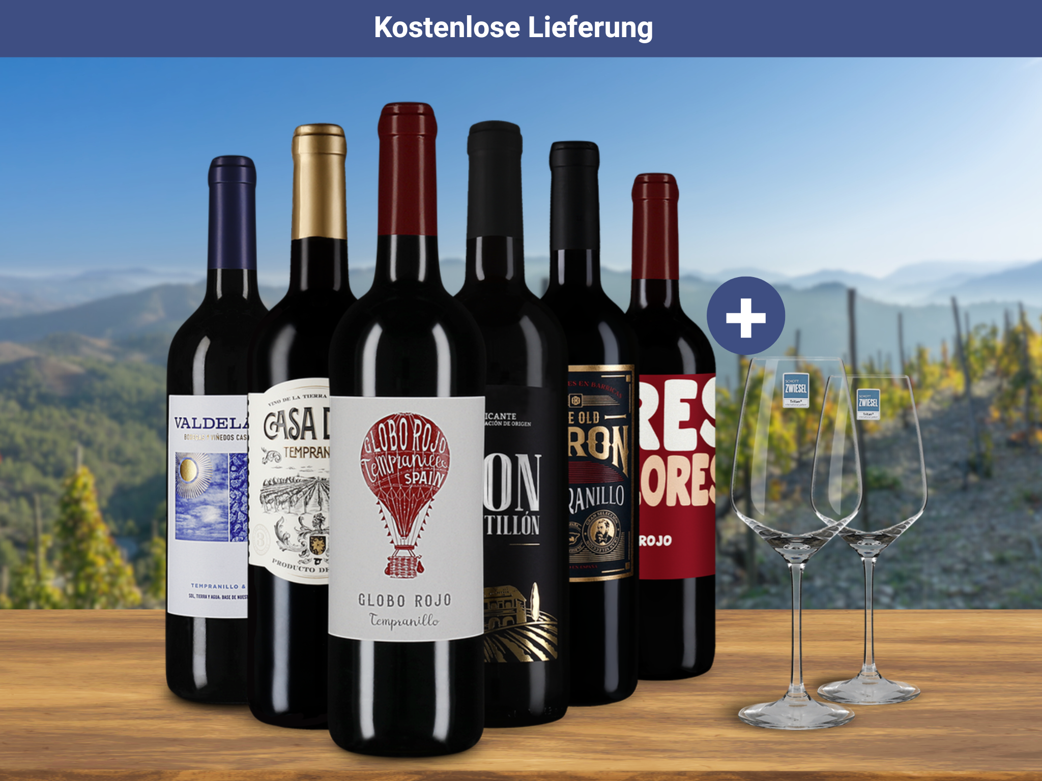 Spanische Rotwein-Stars im 6er-Kennenlernpaket + 2 Schott Zwiesel Gläser
