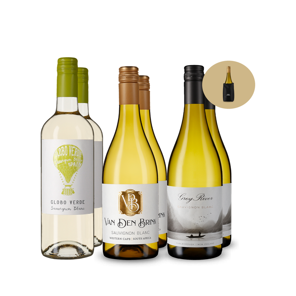 3x2 Sauvignon-Blanc-Weltreise + Kühlmanschette & Gratisversand