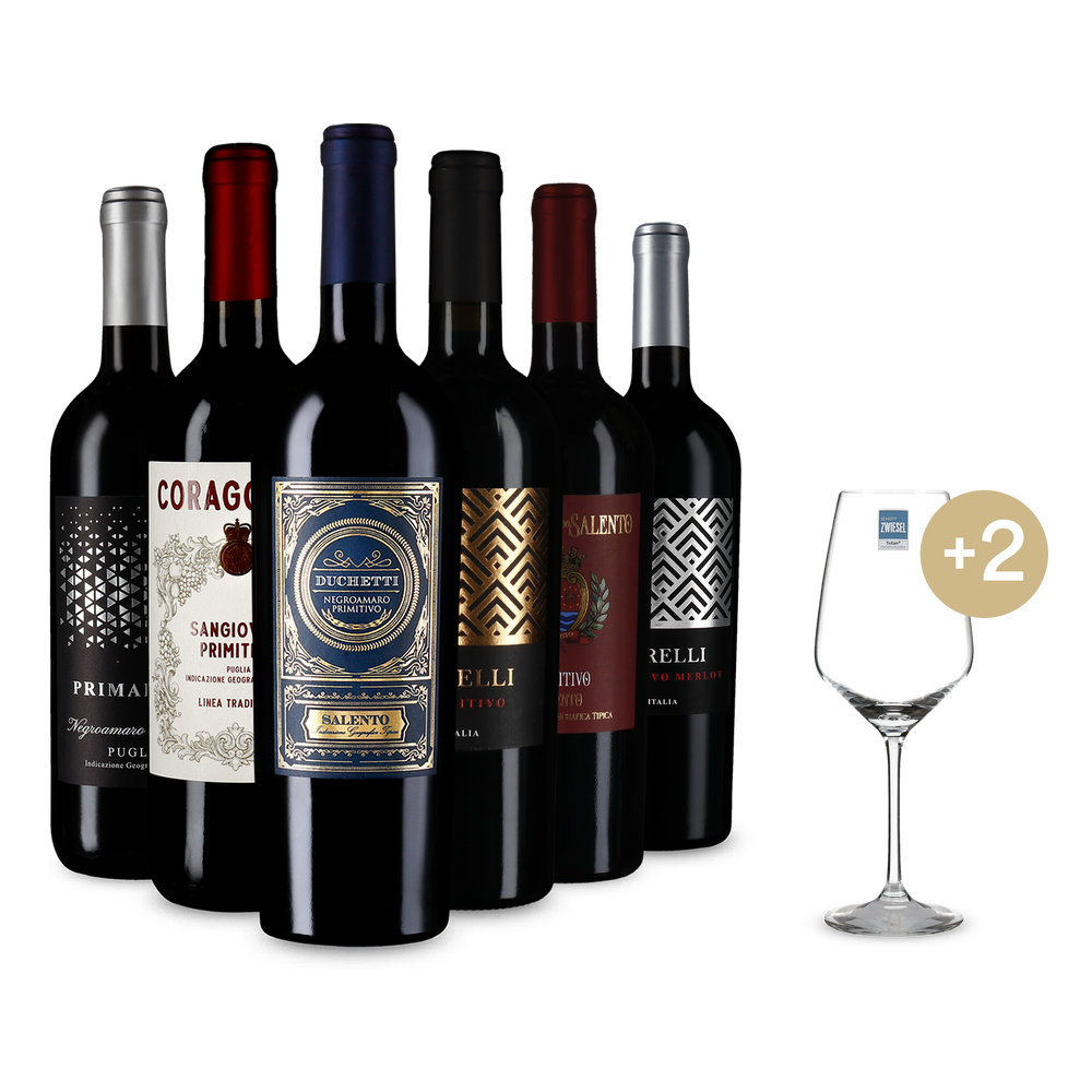 6x1 Primitivo für Entdecker + 2 Weingläser