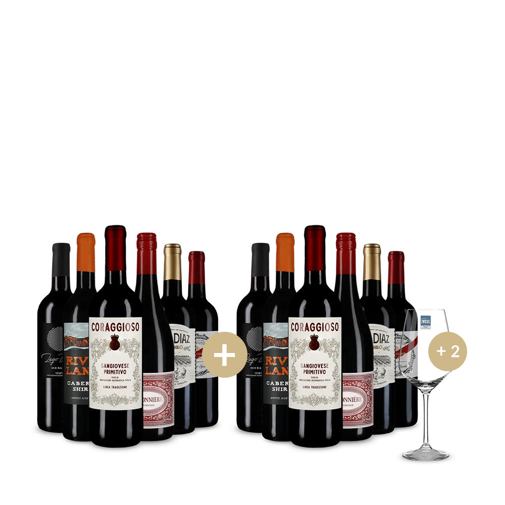 6+6 Rotwein Empfehlungen + 2 Weingläser