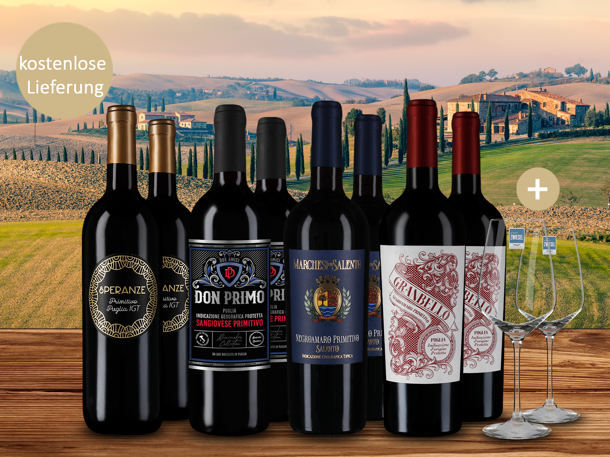 4x2 Primitivo-Highlights + 2 Schott Zwiesel Gläser
