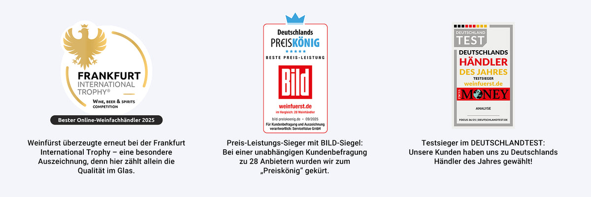 Auszeichnungen von links nach rechts: Frankfurt International Trophy, Preis-Leistungs-Sieger der BildTestsieger der Focus Money