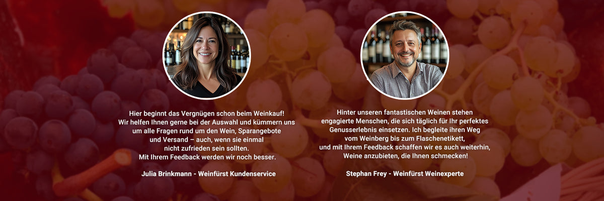 Zwei Personen mit Texten über Kundendienst und Weinexpertise vor einem Hintergrund mit Weintrauben.