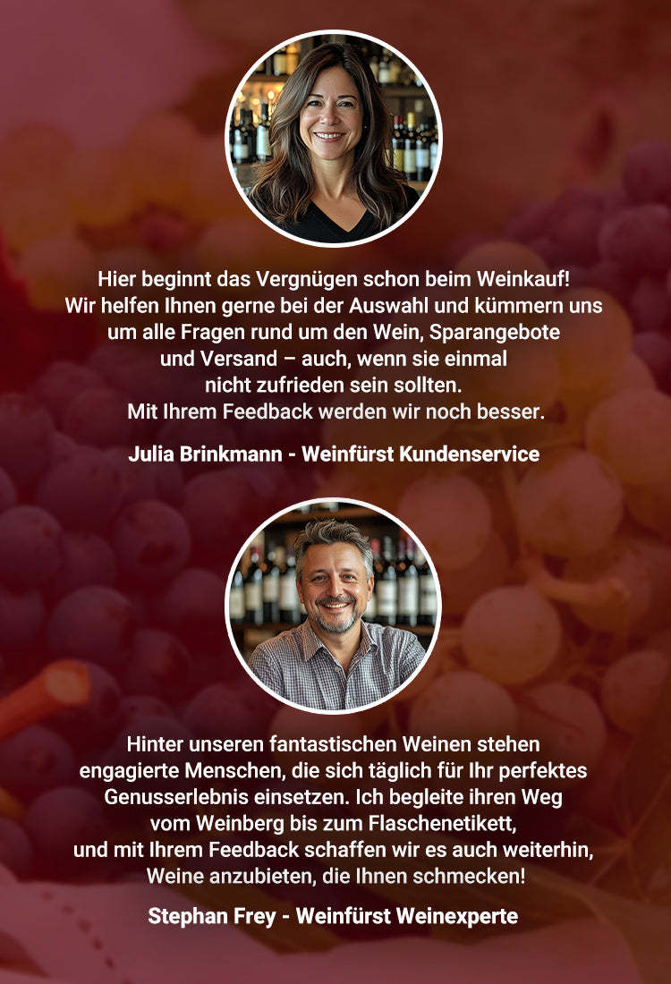 Zwei Personen mit Texten über Kundendienst und Weinexpertise vor einem Hintergrund mit Weintrauben.